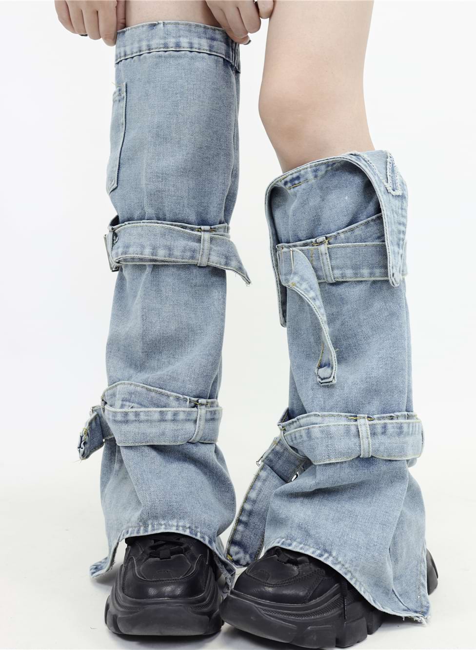 Double Strap Denim Leg Warmers