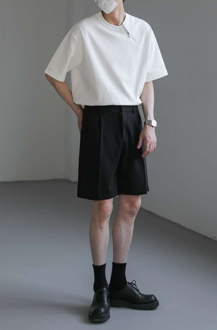 Asymmetric Collar Zip Drop Shoulder T-Shirt