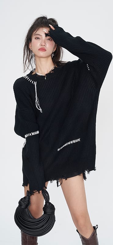 Distressed Hem Contrast Stitch Knit Pullover