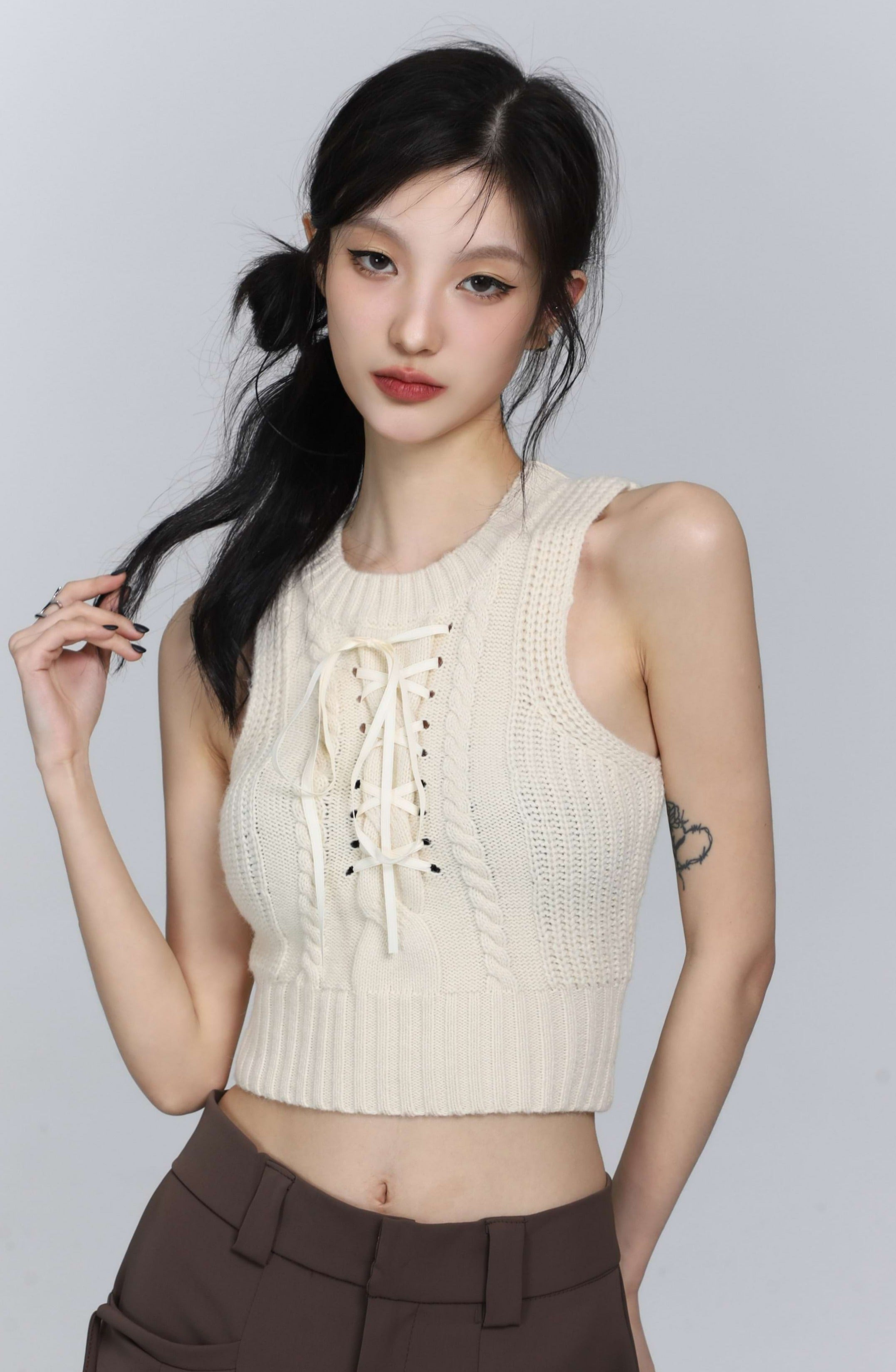 Cropped Knit Vest with Drawstrings