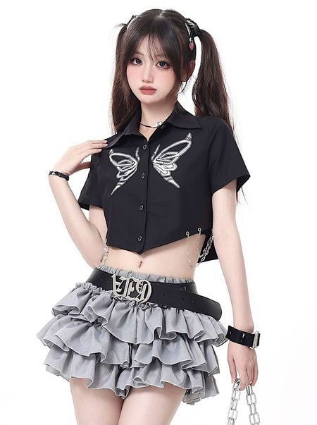 Butterfly Print Pointed Hem Cropped Button Shirt with Chain Accessories - nightcity clothing