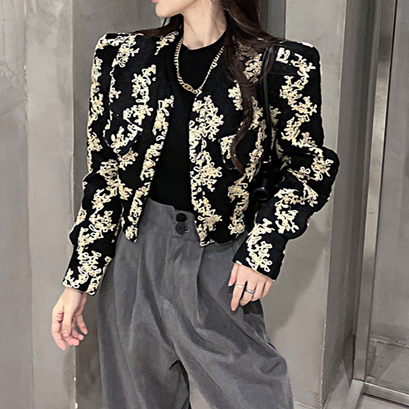Mid-Crop Vintage Faux Pearl Button Embroidered Coat - nightcity clothing