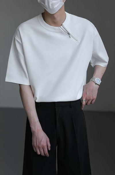 Asymmetric Collar Zip Drop Shoulder T-Shirt