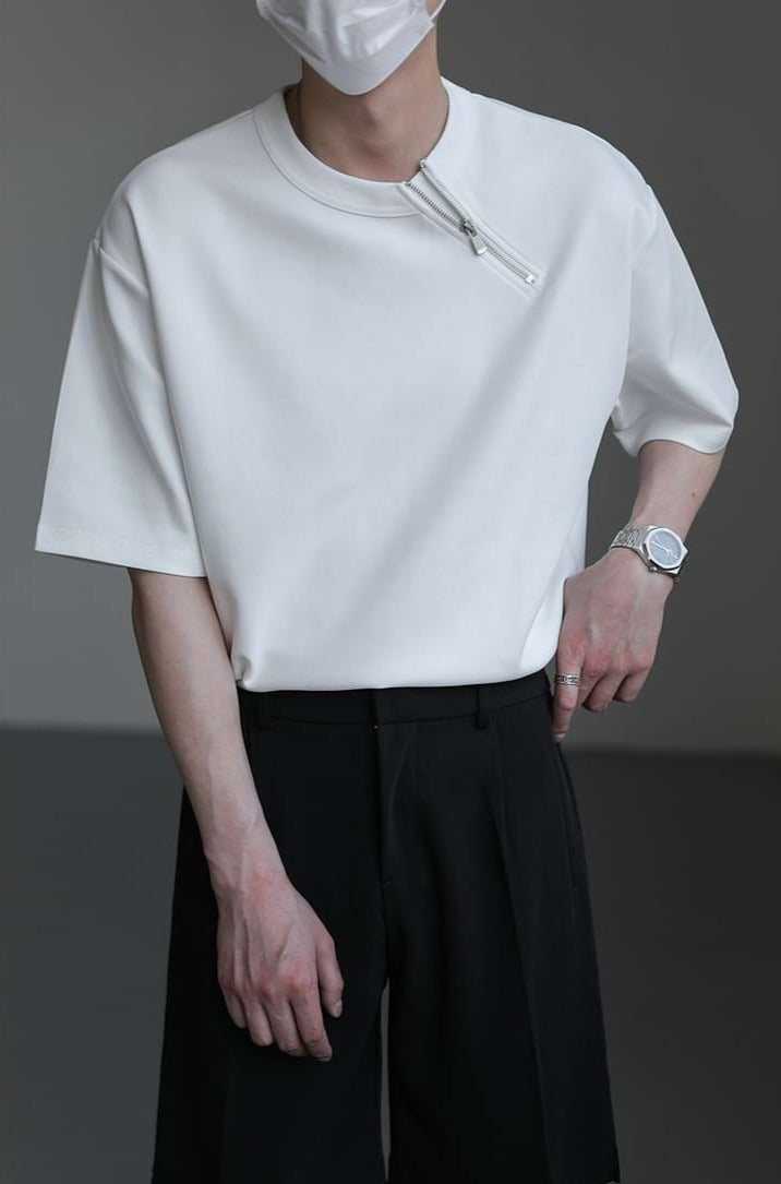 Asymmetric Collar Zip Drop Shoulder T-Shirt