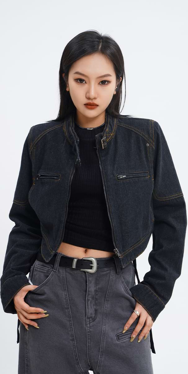 Detailed Stitch Cropped Denim Jacket