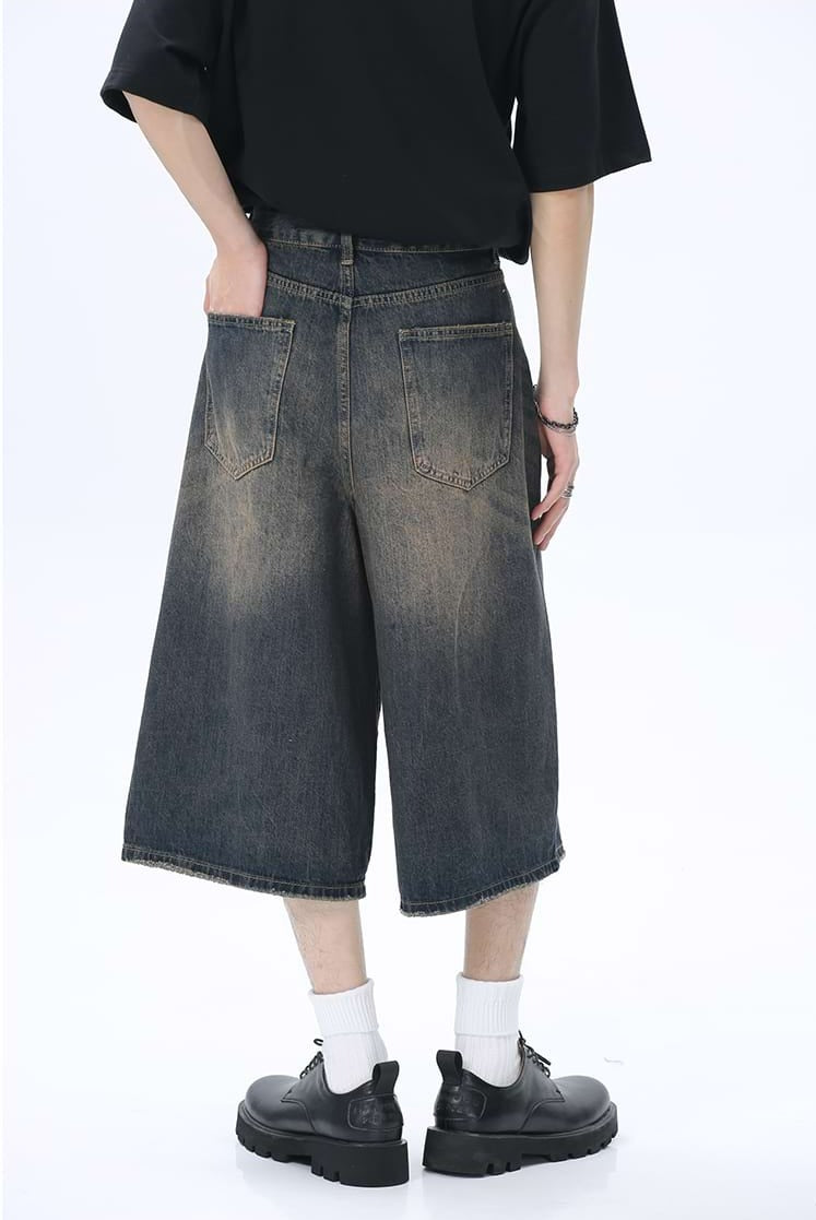 Faded Wide Leg Denim Long Jorts - Main Image