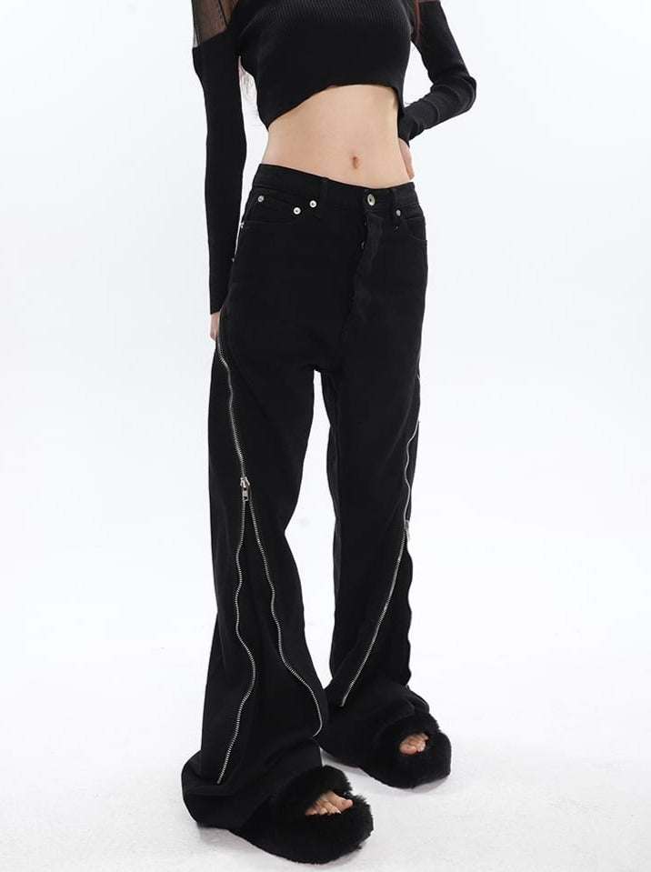 Wide Leg Diagonal Zip Pants