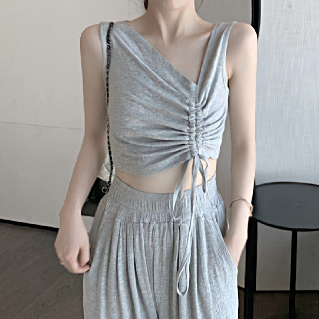 Asymmetric Neck Ruched Sleeveless Crop Top - nightcity clothing