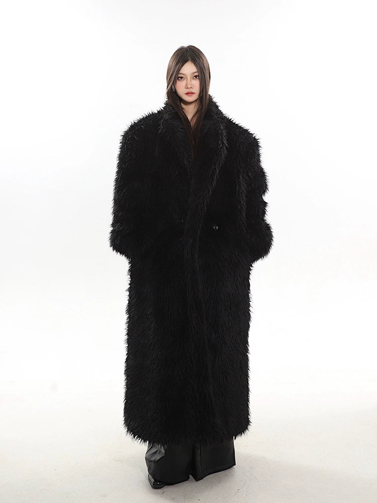 Long Shaggy Faux Fur Coat with Wide Lapels
