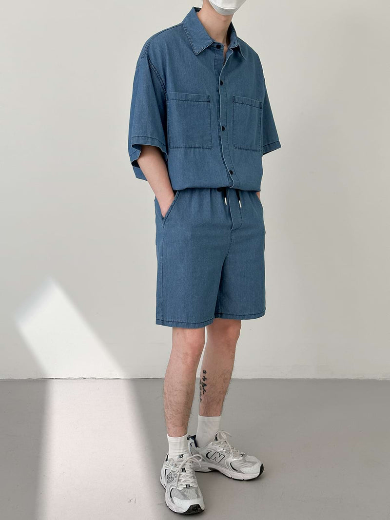 Soft Denim Button Shirt and Elastic Waist Shorts Two-Piece Set