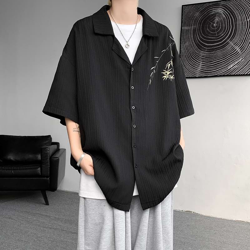 Textured Stripe Button Shirt with Embroidered Leaves