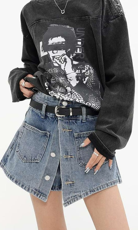 Button Skort Denim Mini Skirt
