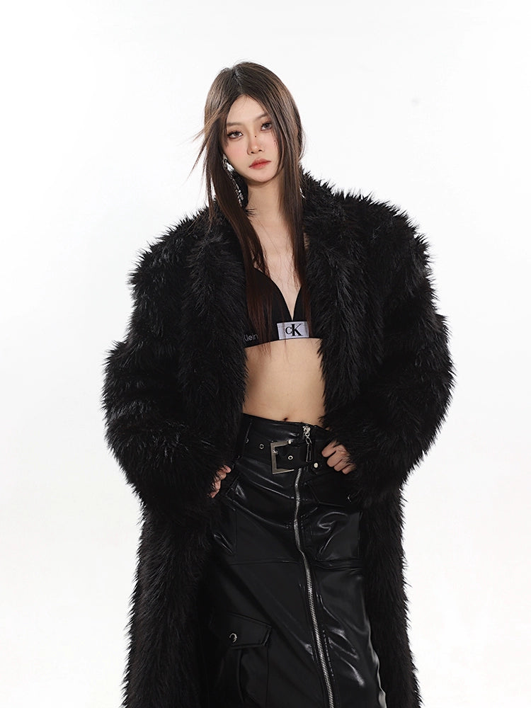 Long Shaggy Faux Fur Coat with Wide Lapels