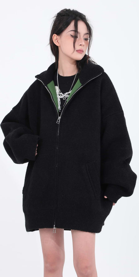 Ribbed Trim Drop Shoulder Zip Up Jacket