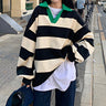 Oversized Stripe Color-Block Collared Sweatshirt - nightcity clothing