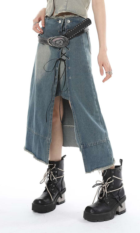 Layered Denim Midi Skirt with Drawstring Slit - nightcity clothing