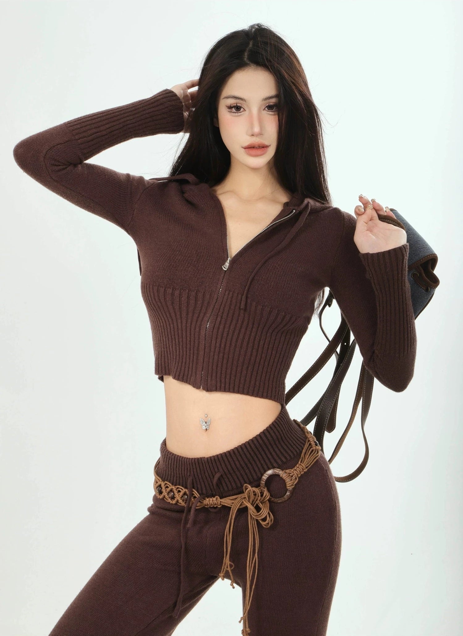 Ribbed Knit Zip-Up Hoodie and Pants Set