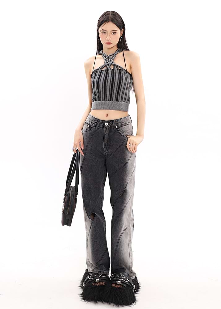 Faded Cutout Side-Stripe Jeans - nightcity clothing