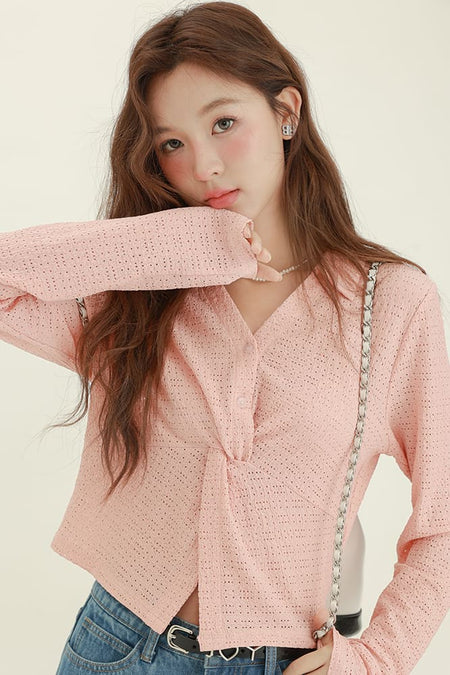 Twisted Knot Eyelet Long Sleeve Top