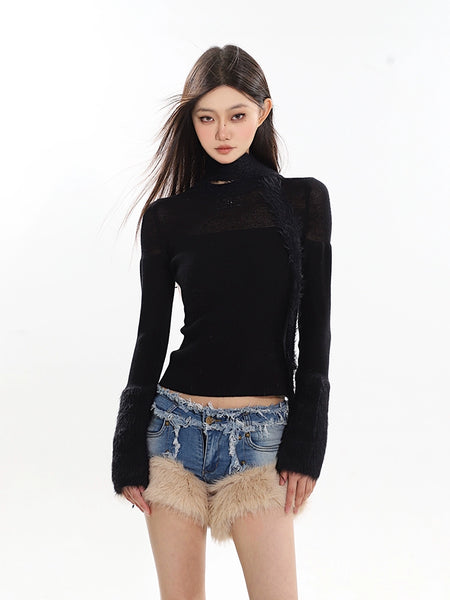 Sheer Panel Fluffy Trim Knit Sweater with Scarf - nightcity clothing