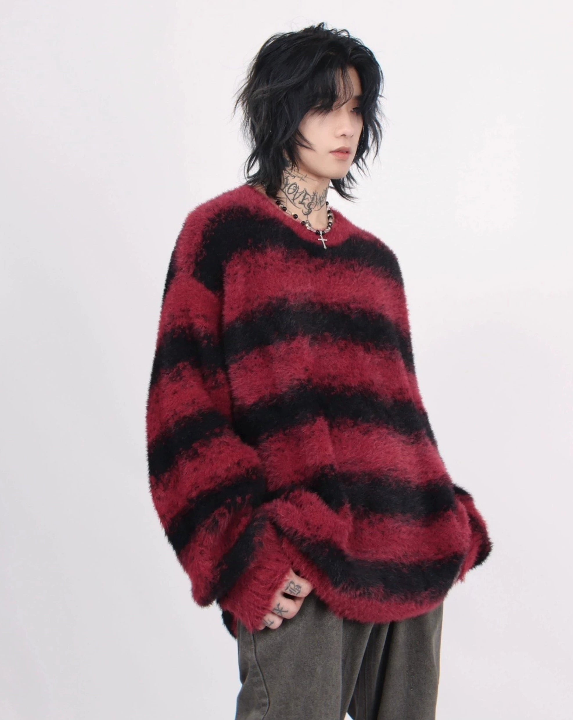 Oversized Striped Fuzzy Knit Sweater