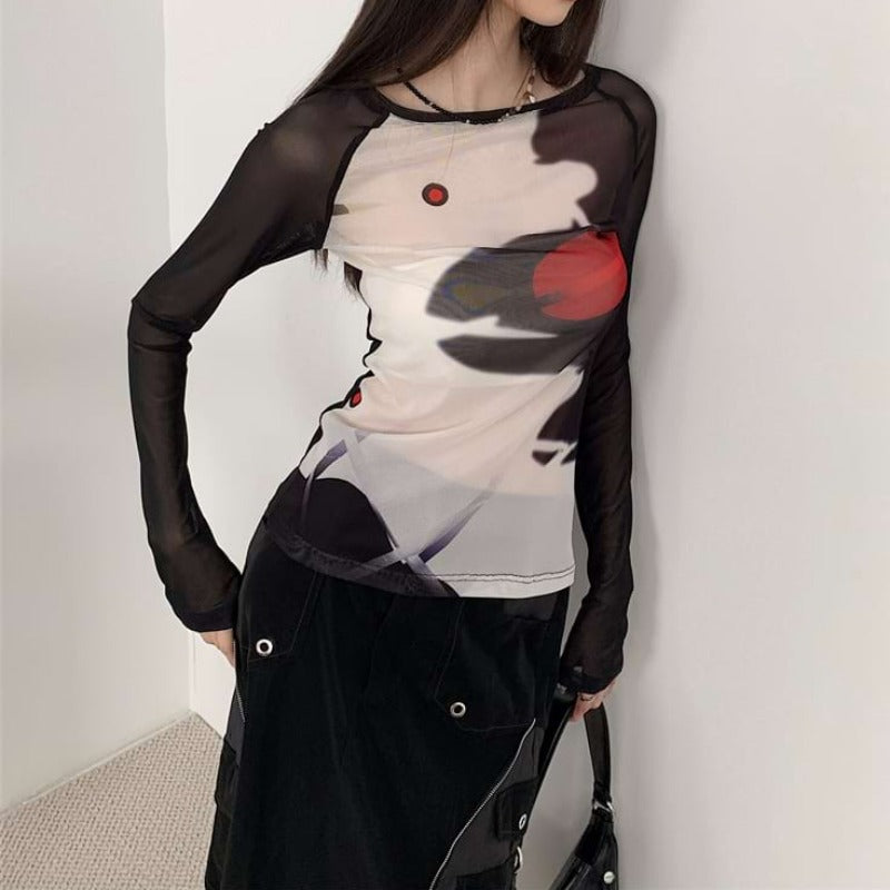 Translucent Color Block Long Sleeve Top