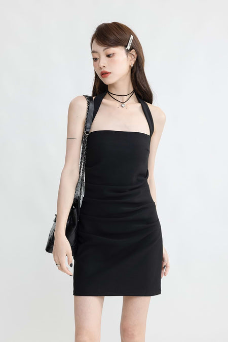 Flat Halter Strap Ruched Mini Dress - nightcity clothing