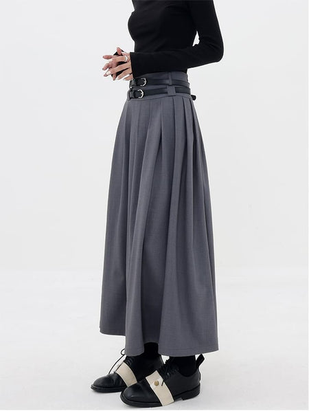 Pleated Double-Belt Midi Skirt - nightcity clothing