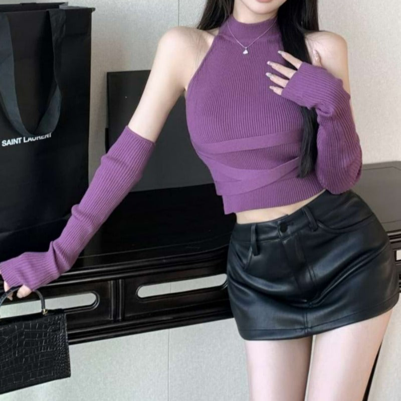 Semi High Neck Ribbed Crop Top with Removable Sleeves