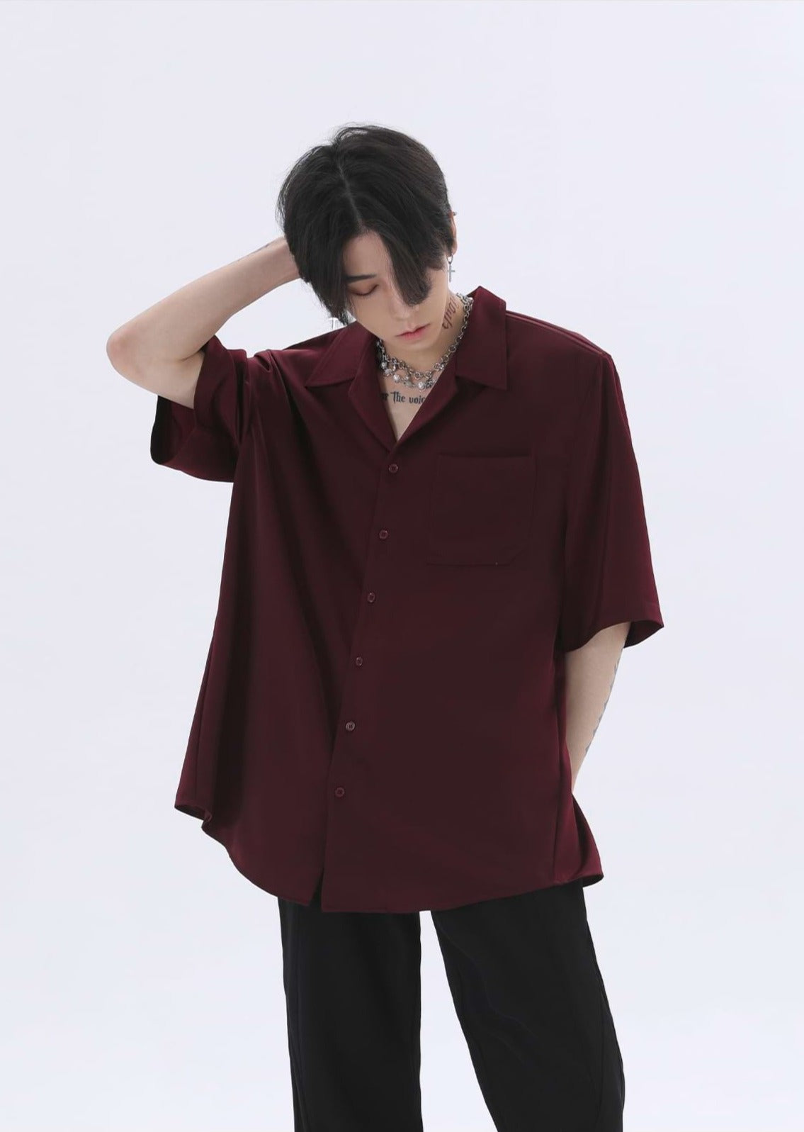 Oversized Silk Short Sleeve Shoulder-Padded Shirt