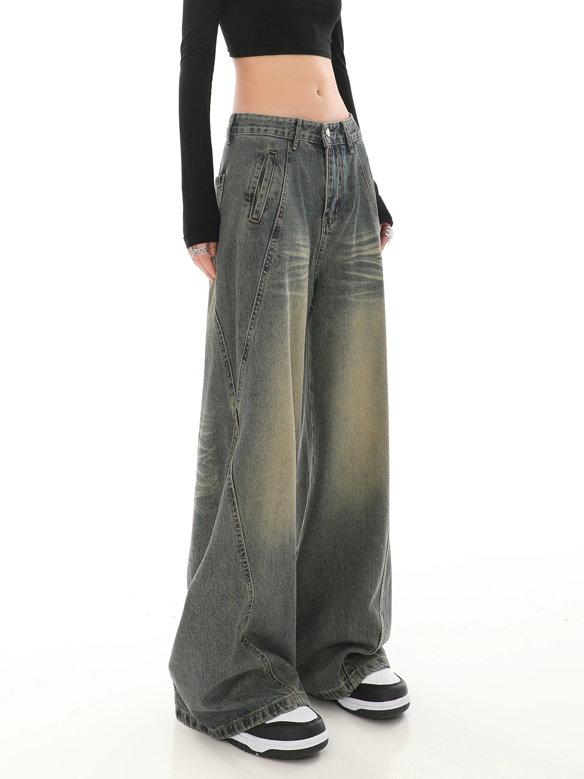 Sandblast Wide-Leg Jeans with Stitch Detail