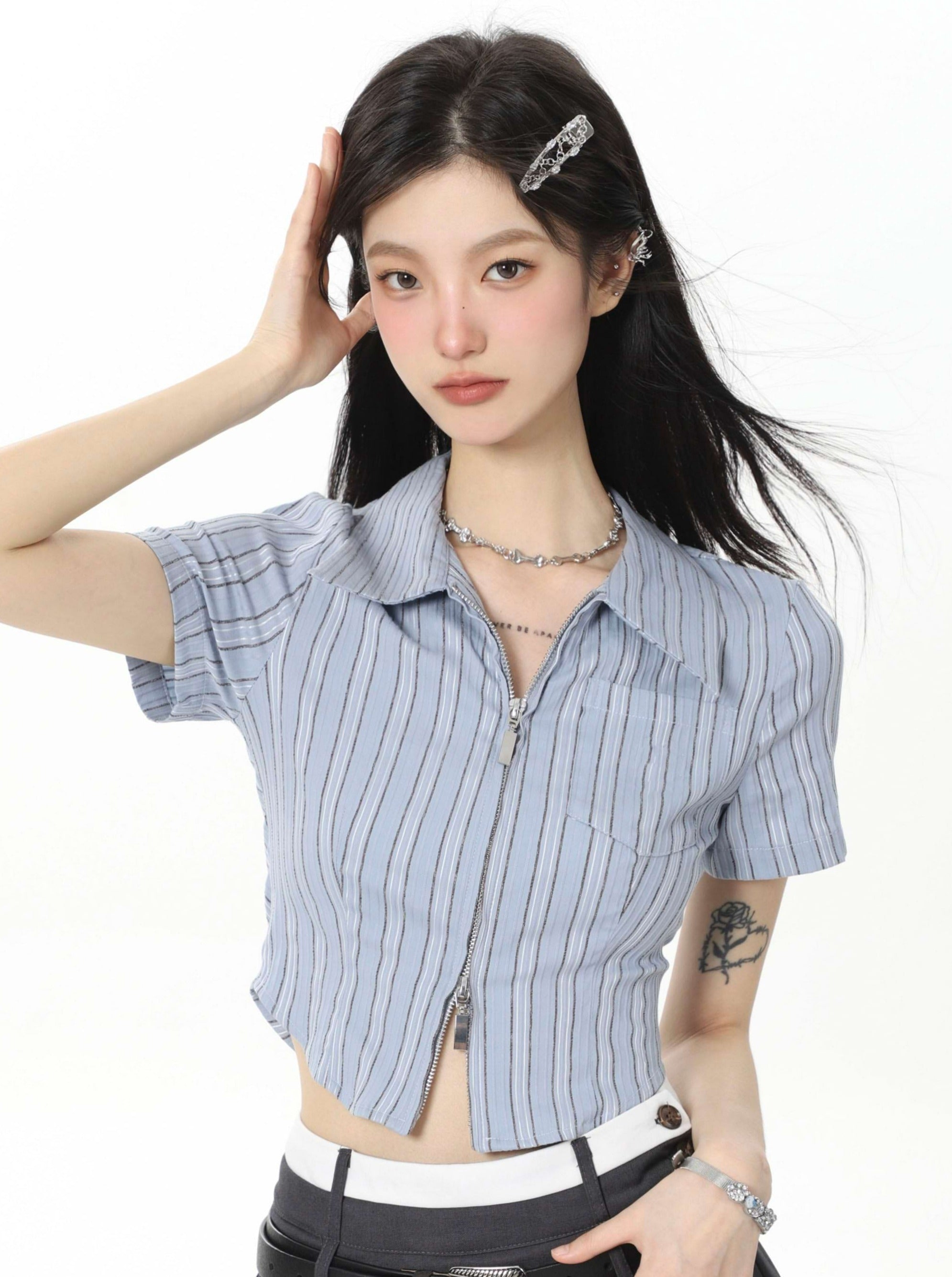 Double Zip Stripe Cropped Shirt