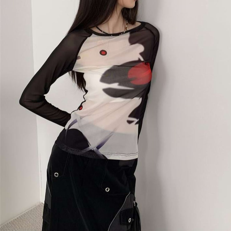 Translucent Color Block Long Sleeve Top