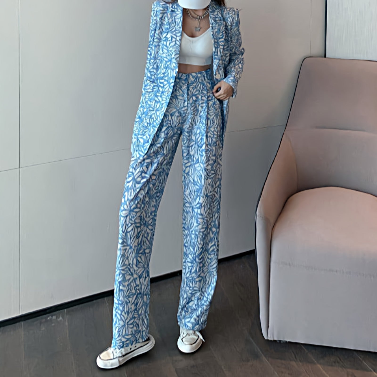 Flower Pattern Lapel Coat and Slim Pants Two Piece Set - nightcity clothing