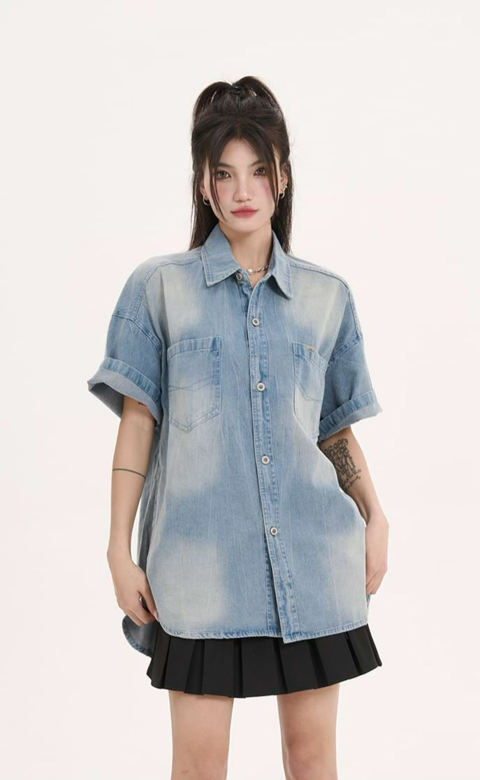 Oversized Faded Denim Button Top