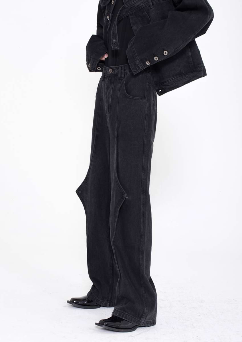 Slim Button Flap Layered Abstract Jeans