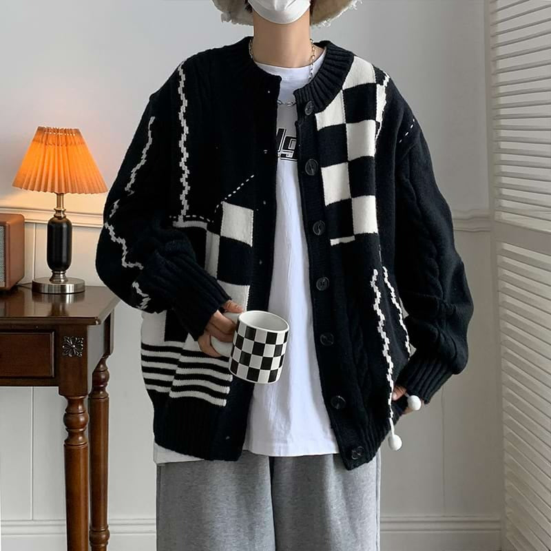 Stripe and Checker Pattern Cardigan