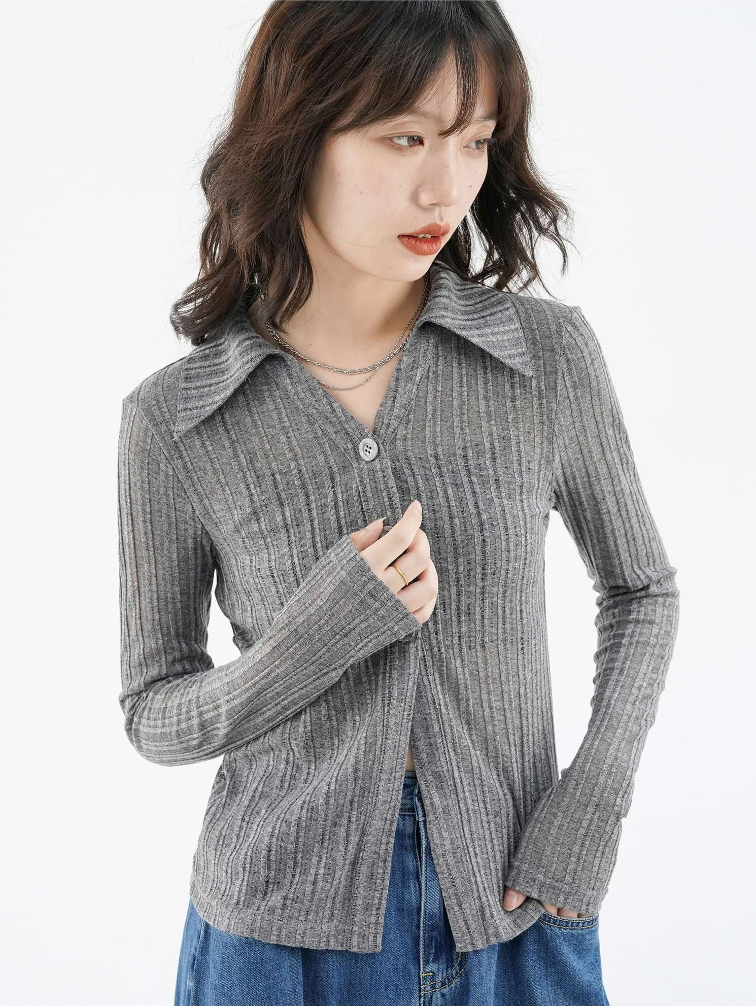 Ribbed Button Long Sleeve Top
