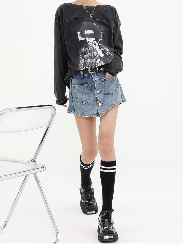 Button Skort Denim Mini Skirt