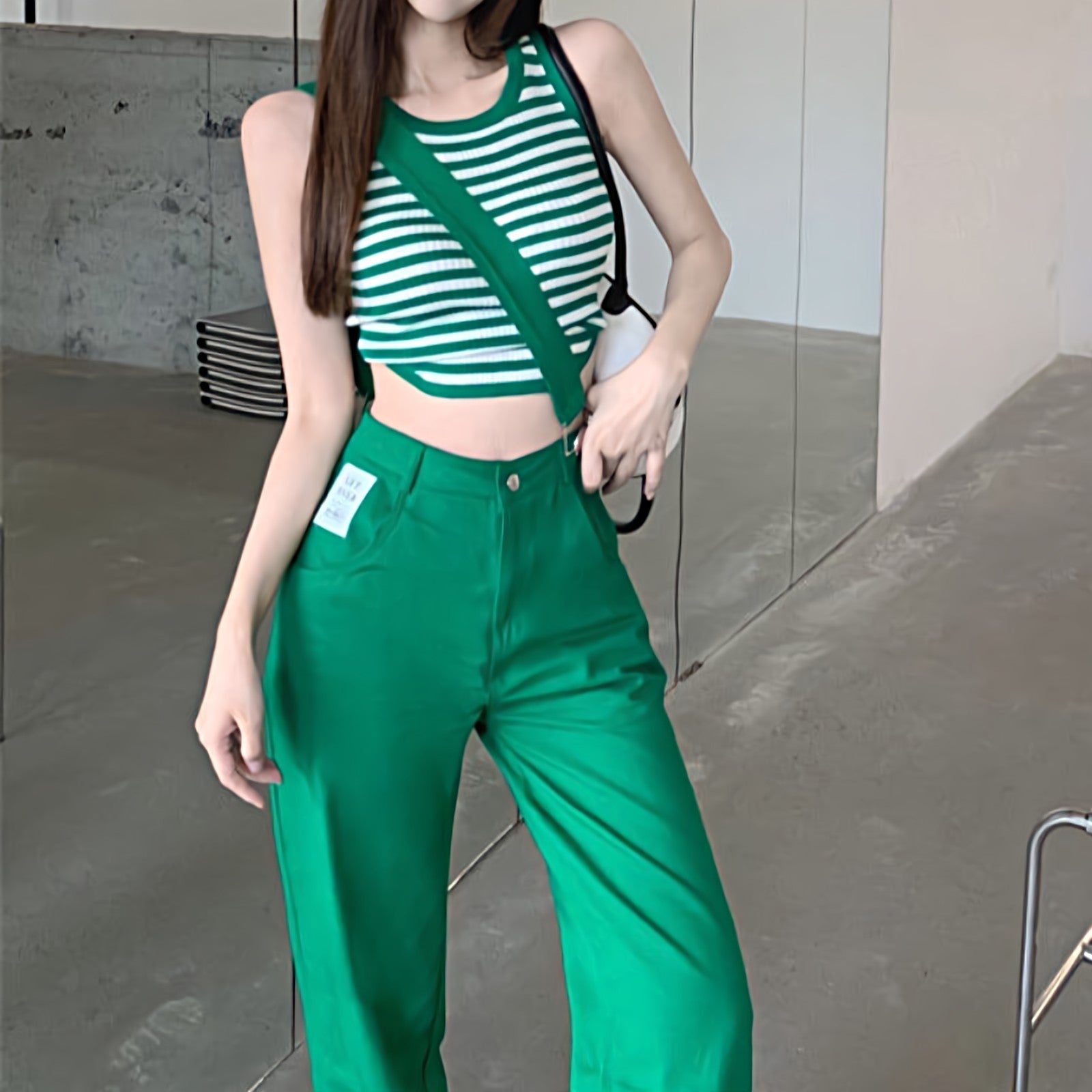 Slim Stripe Crop Top and Straight Fit Jeans with Single Strap Two-Piece Set - nightcity clothing