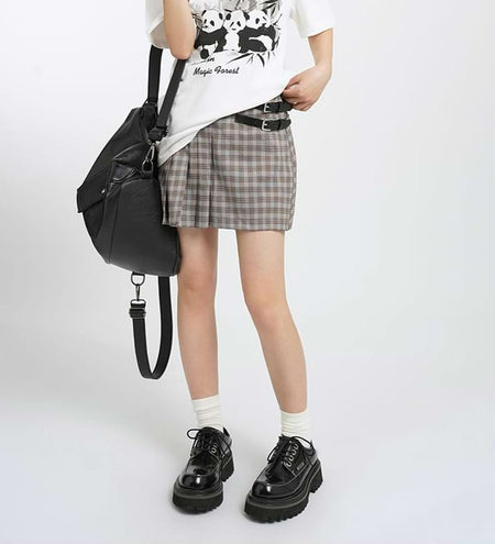 Asymmetric Pleats Plaid Mini Skirt