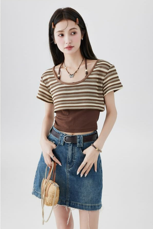 Halter Strap Camisole and Stripe Cropped Knit Top Two-Piece Set