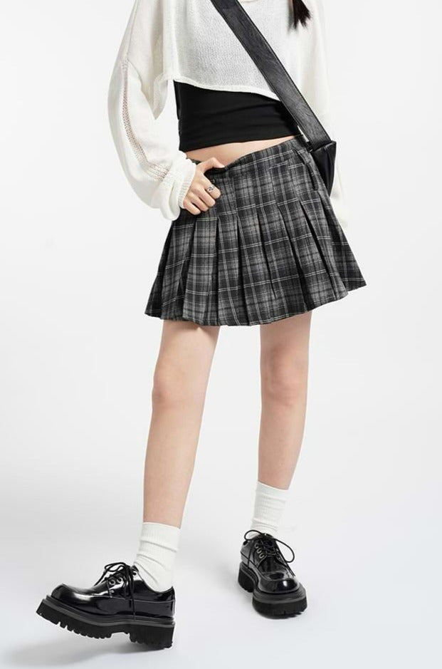High Waist Pleated Plaid Mini Skirt