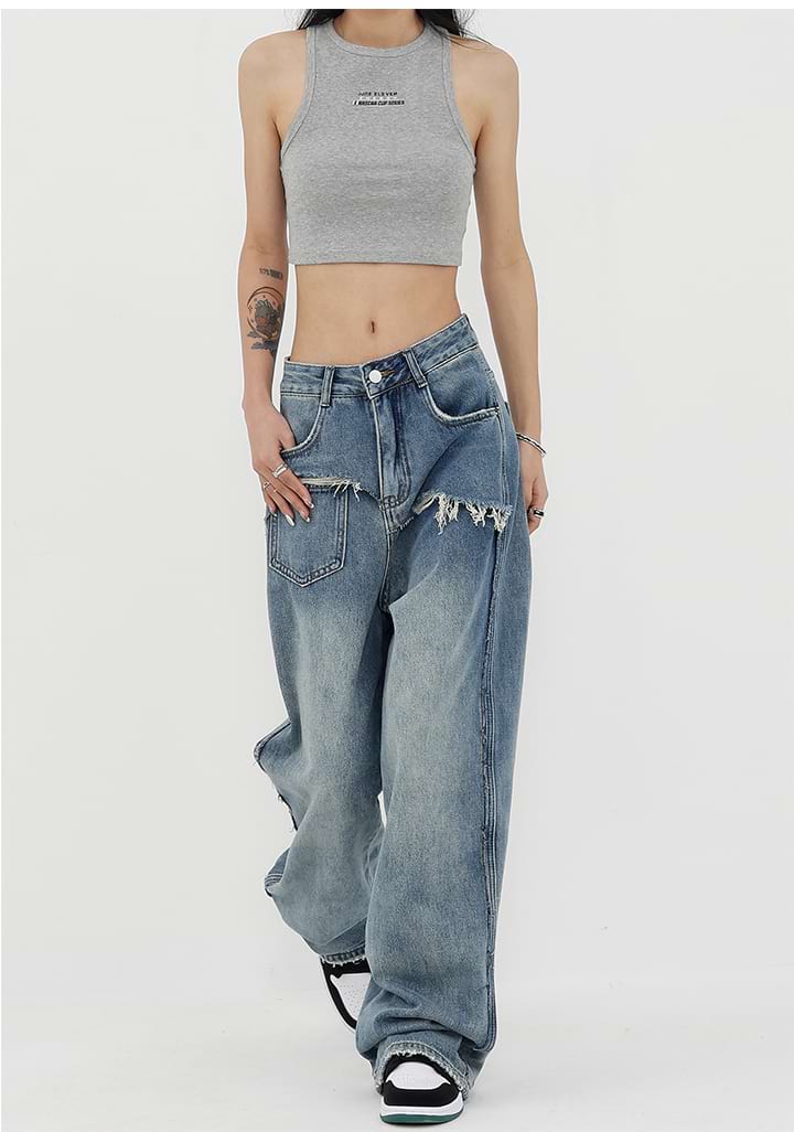 Mock Two-Piece Faded Distressed Jeans