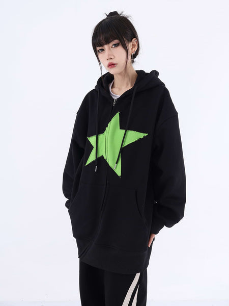 Asymmetric Zip Star Oversized Hoodie