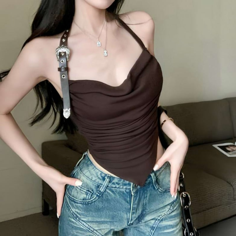 Buckle Halter Strap Pointed Hem Top