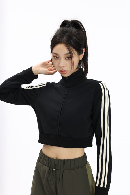 Stripe Sleeve Cropped Bomber Jacket