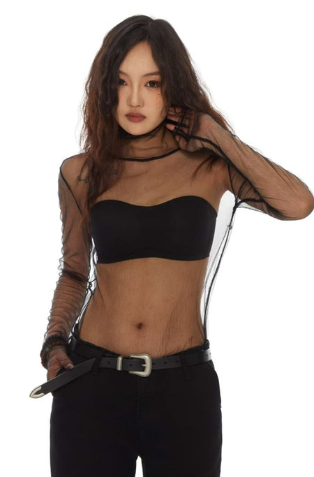 High Collar Long Sleeve Mesh Top - nightcity clothing