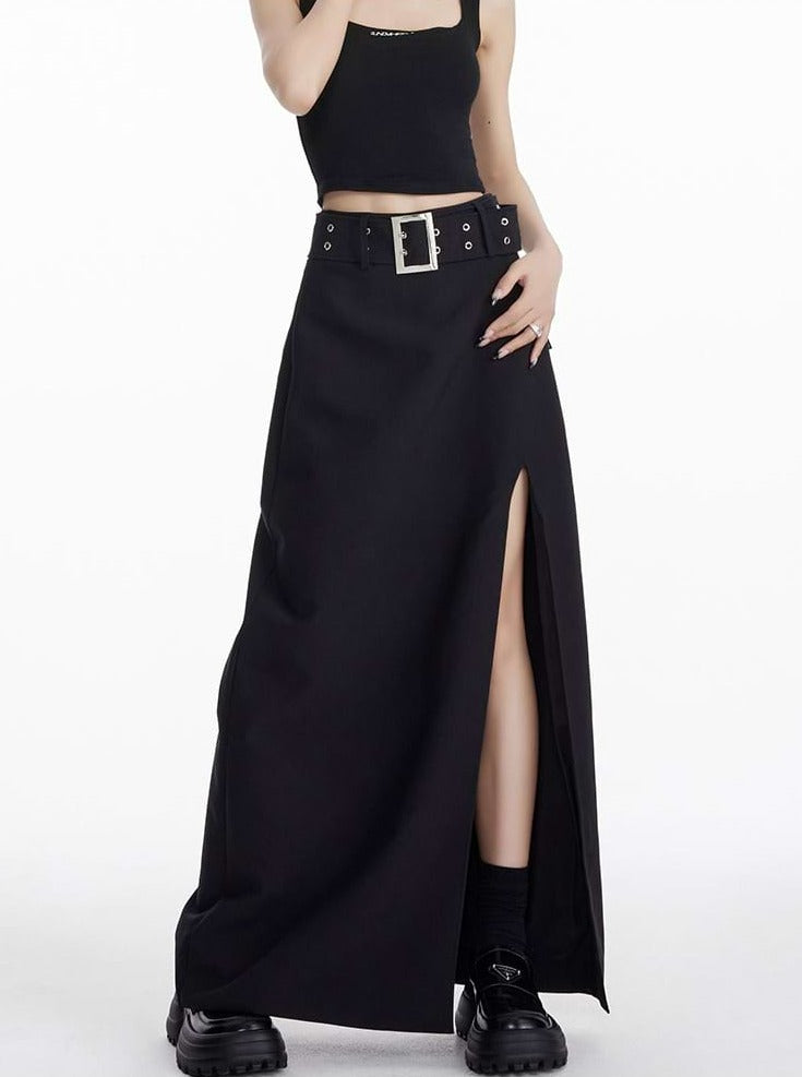 High Slit Maxi Skirt with Belt