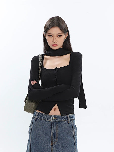 Ribbed Cropped Cardigan with Scarf Detail